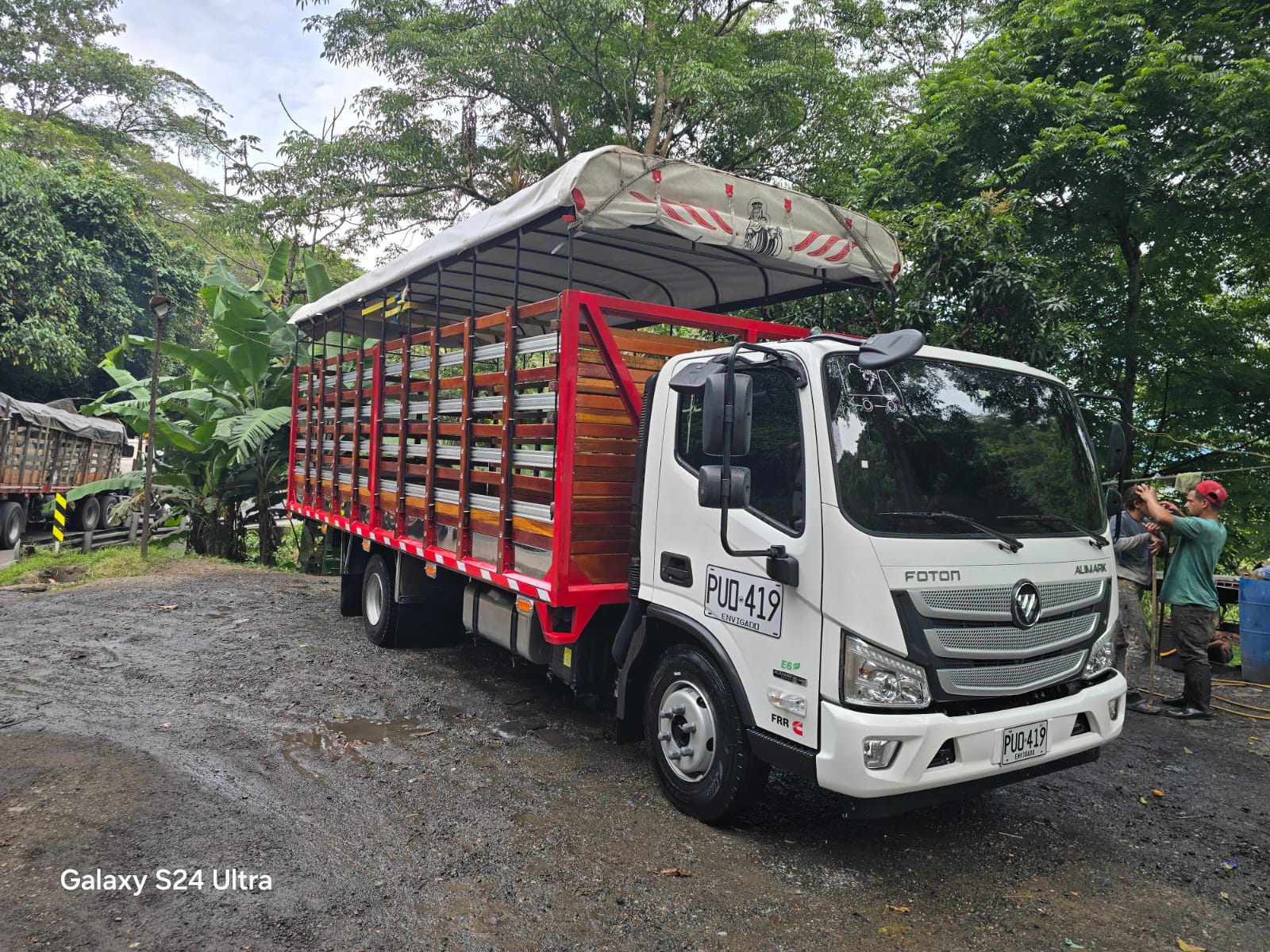 Camión moderno de SETGAN transportando ganado de alta genética por la noche